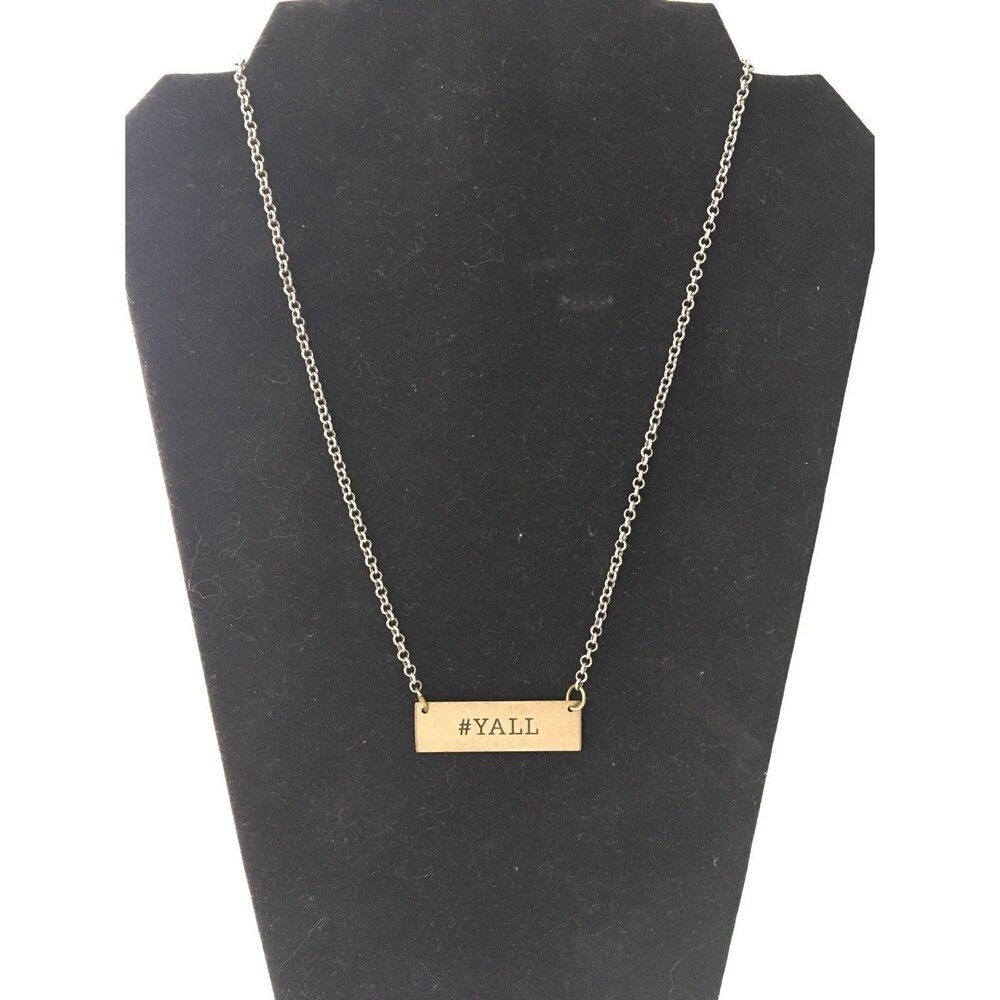 Hand Stamped Gold Tone Bar Necklace #Y'all Hashtag Yall Saying County Chain